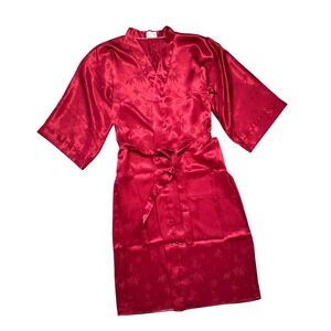 Women's Red Bibi Silk Short Robe Kimono Sleeve Tie Waist Vietnam Size Small